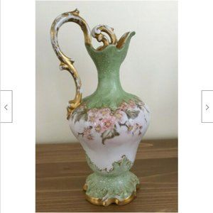Porcelain Cruet Bottle Green Floral Pattern Gold Antique D&C Limoges France